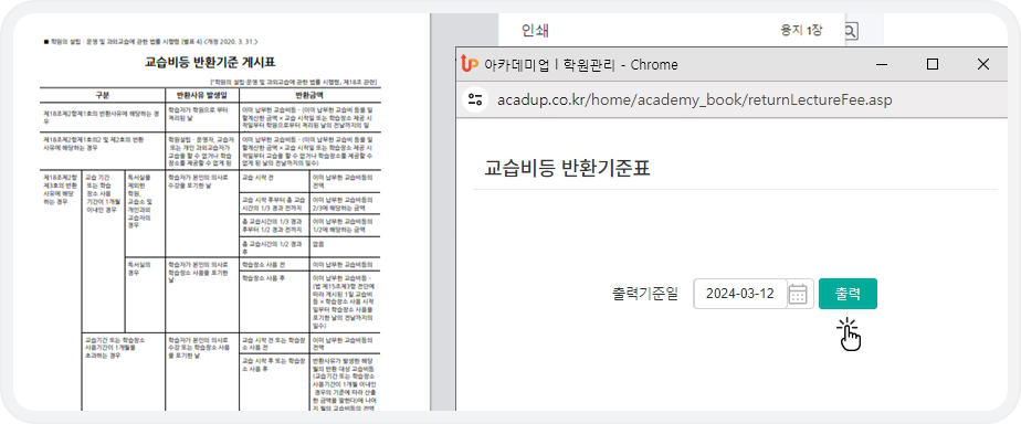 교습비등 반환기준표